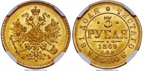 Alexander II gold 3 Roubles 1869 CПБ-HI MS64 NGC, St. Petersburg mint, KM-Y26, Bitkin-31 (R). Obv. Crowned double-headed Imperial eagle with orb and s...