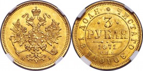 Alexander II gold 3 Roubles 1871 CПБ-HI MS62 NGC, St. Petersburg mint, KM-Y26, Bitkin-33 (R). Obv. Crowned double-headed Imperial eagle with orb and s...
