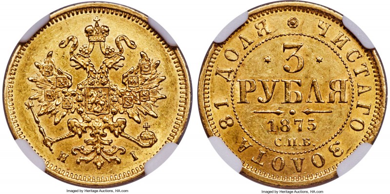 Alexander II gold 3 Roubles 1875 CПБ-HI MS62 NGC, St. Petersburg mint, KM-Y26, B...