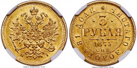 Alexander II gold 3 Roubles 1875 CПБ-HI MS62 NGC, St. Petersburg mint, KM-Y26, Bitkin-37 (R). Obv. Crowned double-headed Imperial eagle with orb and s...