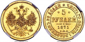 Alexander II gold 5 Roubles 1871 CПБ-HI MS61 NGC, St. Petersburg mint, KM-YB26, Bitkin-19 (R). Obv. Crowned double-headed Imperial eagle holding orb a...