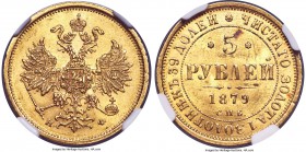 Alexander II gold 5 Roubles 1879 CПБ-HФ MS62 NGC, St. Petersburg mint, KM-YB26, Bitkin-28. Obv. Crowned double-headed Imperial eagle holding orb and s...