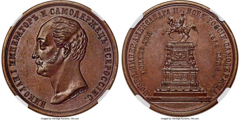 Alexander II copper "Nicholas I Monument" Medal 1859 MS62 Brown NGC, St. Petersb...