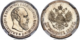 Alexander III 25 Kopecks 1886-AГ MS64 NGC, St. Petersburg mint, KM-Y44, Bitkin-89 (R1), Sev-3960. Obv. Bust of Alexander III right. Rev. Crowned doubl...