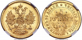 Alexander III gold 5 Roubles 1884 CПБ-AГ MS63 NGC, St. Petersburg mint, KM-YB26, Bitkin-5 (R1). Eagle of 1859-1882 style. Obv. Crowned double-headed I...