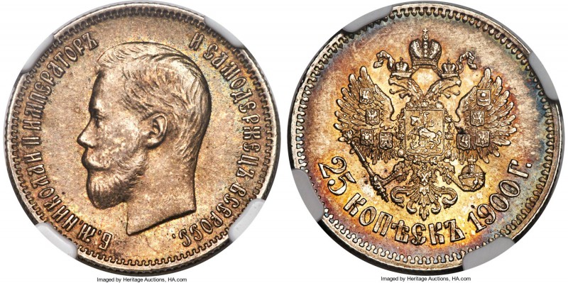 Nicholas II 25 Kopecks 1900 MS63 NGC, St. Petersburg mint, KM-Y57, Bitkin-98 (R)...