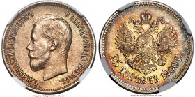 Nicholas II 25 Kopecks 1900 MS63 NGC, St. Petersburg mint, KM-Y57, Bitkin-98 (R). Obv Head of Nicholas II left. Rev. Crowned double-headed Imperial ea...