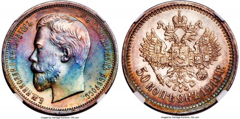 Nicholas II Proof 50 Kopecks 1911-ЭБ PR63 NGC, St. Petersburg mint, KM-Y58.2, Bi...