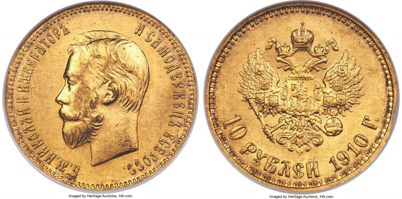 Nicholas II gold 10 Roubles 1910-ЭБ MS64 NGC, St. Petersburg mint, KM-Y64, Bitki...