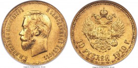 Nicholas II gold 10 Roubles 1910-ЭБ MS64 NGC, St. Petersburg mint, KM-Y64, Bitkin-15 (R). A very low-mintage issue for the type.  Obv. Bust left. Rev....