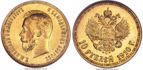 Nicholas II gold 10 Roubles 1910-ЭБ MS64 NGC, St. Petersburg mint, KM-Y64, Bitkin-15 (R). A second example of this low-mintage issue. Obv. Bust left. ...