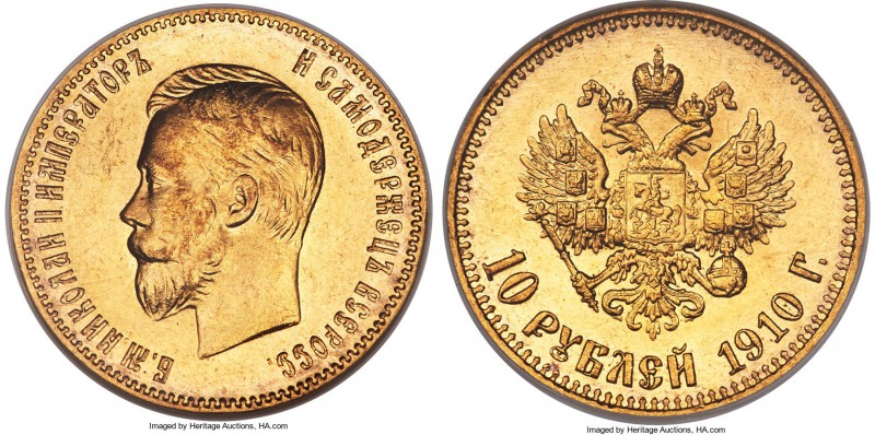 Nicholas II gold 10 Roubles 1910-ЭБ MS64 NGC, St. Petersburg mint, KM-Y64, Bitki...