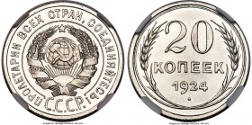 USSR Proof 20 Kopecks 1924 PR67 Cameo NGC, KM-Y88. Obv. National arms. Rev. Date and value in wreath of oak sprigs. Brilliant white with deeply mirror...