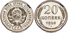 USSR Proof 20 Kopecks 1925 PR66 Cameo NGC, KM-Y88. Obv. National arms. Rev. Date and value in wreath of oak sprigs. Pure white with sparkling mirrored...
