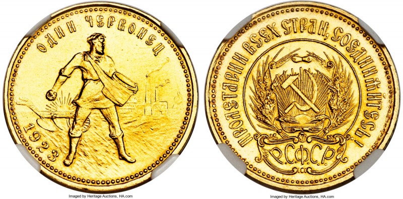 R.S.F.S.R. gold Chervonetz (10 Roubles) 1923-ПЛ MS65 NGC, Leningrad mint, KM-Y85...