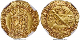James VI (I) gold Sword and Scepter 1602 VF35 NGC, Edinburgh mint, Eighth coinage, KM20, S-5460. Obv. Crowned coat-of-arms. Rev. Sword and scepter cro...