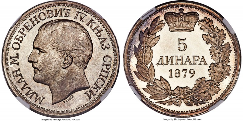 Milan I Proof 5 Dinara 1879 PR66 NGC, Vienna mint, KM12, Dav-304. Type 1 edge le...