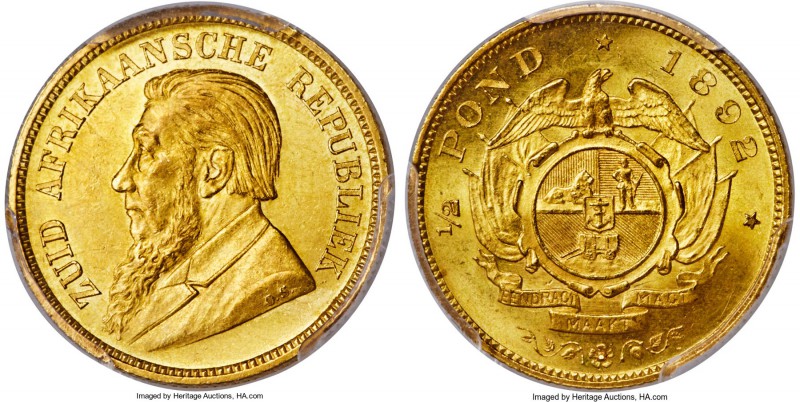Republic gold "Double Shaft" 1/2 Pond 1892 MS63 PCGS, KM9.1, Fr-3, Hern-Z38. A w...