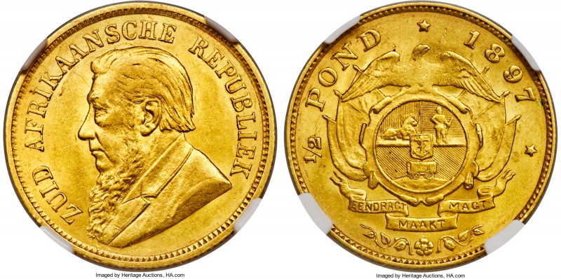 Republic gold 1/2 Pond 1897 MS62 NGC, Pretoria mint, KM9.2, Hern-Z43. A well-kno...
