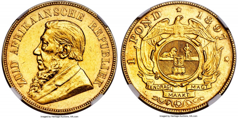 Republic gold Pond 1897 AU58 NGC, Pretoria mint, KM10.2. A pleasant example of a...