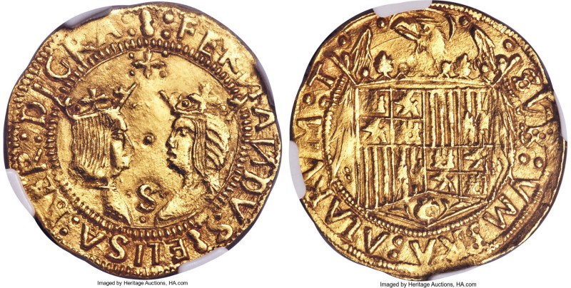 Ferdinand & Isabella gold 2 Excelentes ND (1476-1516) AU55 NGC, Seville mint, Fr...