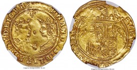 Ferdinand & Isabella gold 2 Excelentes ND (1476-1516) AU55 NGC, Seville mint, Fr-129, Cay-2925. A pleasing example struck on a broad flan, allowing am...