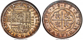 Philip II 8 Reales 1586-(Aqueduct) MS62 NGC, Segovia mint, Cay-3962. An outstanding 8 Reales, its quality of production absolutely exceptional with de...