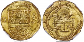 Philip II (1556-1598) gold Cob 2 Escudos ND G-A MS64 NGC, Granada mint, Assayer A, Fr-168, Cal-37. Bright luster, with near-full shield, bold mintmark...