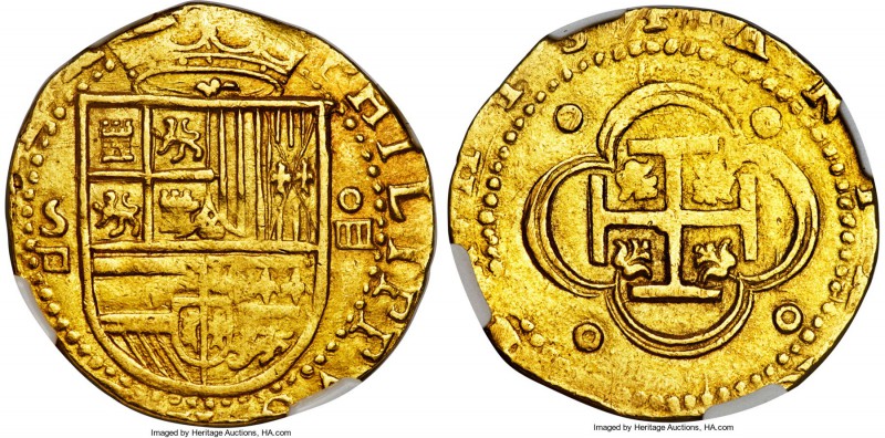 Philip II (1556-1598) gold Cob 4 Escudos ND S-D AU53 NGC, Seville mint, Cal-11, ...