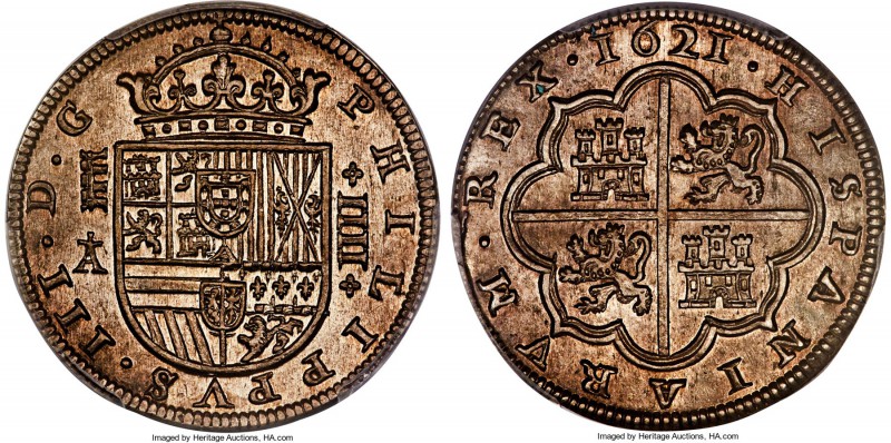 Philip III 4 Reales 1621-A MS63 PCGS, Segovia mint, KM62, Cal-260, Cay-4833. Obv...
