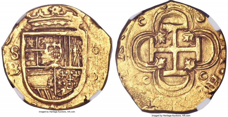 Philip III gold cob 2 Escudos 1611-B MS62 NGC, Seville mint, KM48.3. 6.71gm. A s...