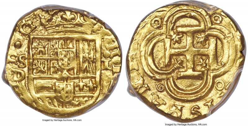 Philip IV (1621-1665) gold Cob Escudo ND MS63 PCGS, Seville mint, 3.40g, KM68, C...