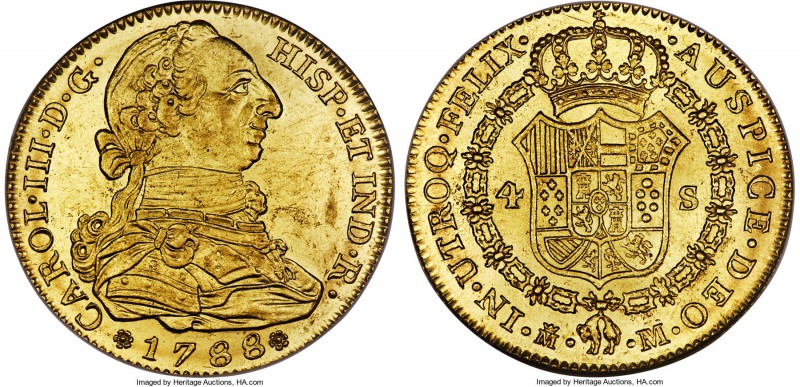 Charles III gold 4 Escudos 1788-M MS63 NGC, Madrid mint, KM418.1a, Fr-284. Brigh...