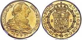Charles III gold 8 Escudos 1777 M-PJ MS63+ NGC, Madrid mint, KM409.1, Onza-720. From a highly elusive series (with all dates of this issue regarded as...