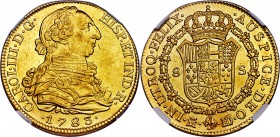 Charles III gold 8 Escudos 1783/73 M-JD MS61 NGC, Madrid mint, KM-156. A superb strike realized throughout, and only a meager amount of wisps observed...