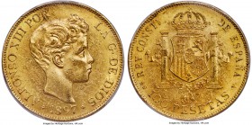 Alfonso XIII gold 100 Pesetas 1897 (97) SG-V MS61 PCGS, Valencia mint, KM708. Full highpoint detail is observed while orange-gold tone accompanies the...
