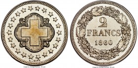 Confederation silver Specimen Pattern 2 Francs 1860 SP65 PCGS, Bern mint, KM-Pn14, HMZ-21231a. A desirable pattern issue, with a strong strike and ess...