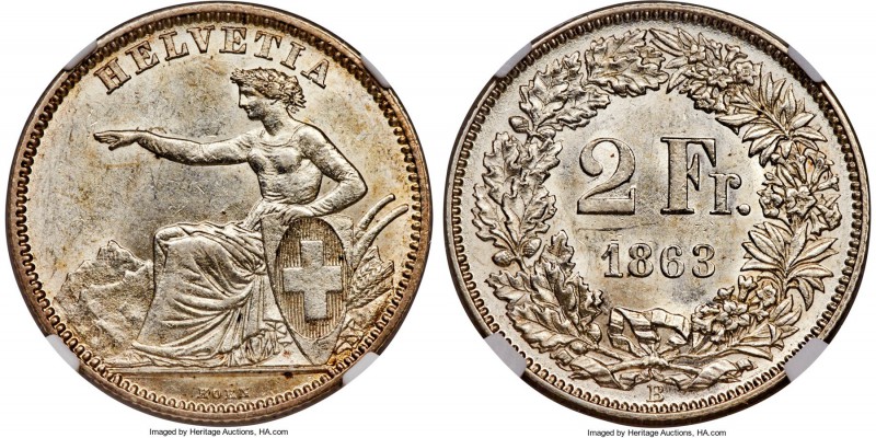 Confederation 2 Francs 1863-B MS61 NGC, Bern mint, KM10a, HMZ-21201e. A fully ar...