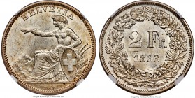 Confederation 2 Francs 1863-B MS61 NGC, Bern mint, KM10a, HMZ-21201e. A fully argent piece, with a blooming luster, and a pleasing crispness to the de...