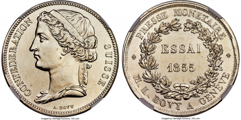 Confederation 5 Francs 1855 UNC Details (Cleaned) NGC, KMX-E5. Plain edge. Desig...