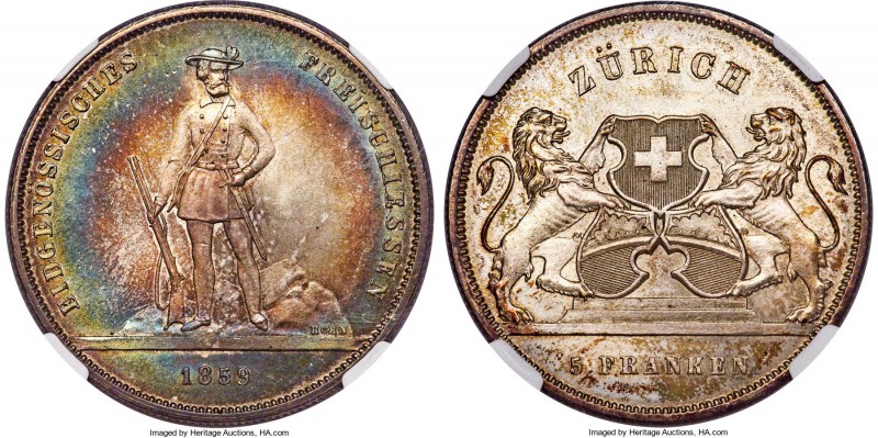 Confederation "Zurich Shooting Festival" 5 Francs 1859 MS65 S NGC, Bern mint, KM...