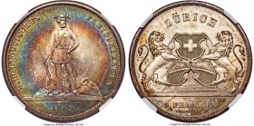 Confederation "Zurich Shooting Festival" 5 Francs 1859 MS65 S NGC, Bern mint, KMX-S5, Häb-7. Mintage of 6,000 pieces. Gorgeous, original multi-colored...
