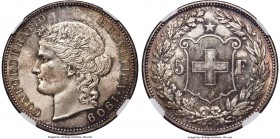 Confederation 5 Francs 1909-B MS66 NGC, Bern mint, KM34. An appealing gem with superbly detailed devices, fully original mint luster, and touches of l...