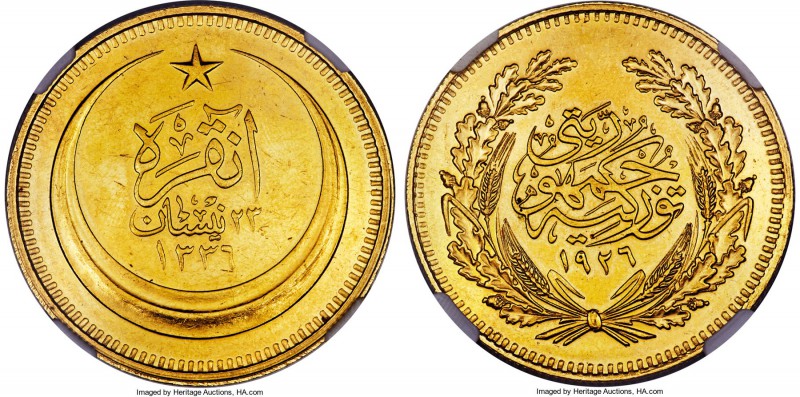 Republic gold 500 Kurush AH 1336 (1926) MS62 NGC, KM839, Fr-79. Obv. Legend and ...