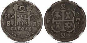 Caracas. Republic 2 Reales 1819-BS F15 NGC, KM-C6.1, Ortega 2R-CC4.1. Extremely rare variety with "CARACAS" spelled "CARCAS". A very nice example of t...