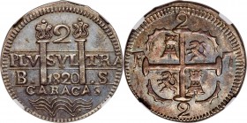 Caracas. Royalist 2 Reales 1820 Caracas-BS MS61 NGC, KM-C6.2. "B. - .S" variety. A rare and collectible type that is differentiated from KM-C6.1 by th...