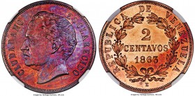 Republic copper Proof Essai 2 Centavos 1863-E PR65 Red and Brown NGC, Paris mint, KM-E2. Bold strike with orange, brown, and blue toning on the obvers...