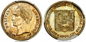 Republic 1/4 Bolivar (25 Centimos) 1900 MS64 PCGS, KM-Y20. Sharply struck, with full mint luster beneath light russet patina. A very rare issue in thi...