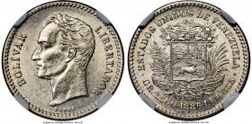 Republic 1/2 Bolivar 1886-(c) MS63 NGC, Caracas mint, KM-Y21, Stohr-46. Low second "8." Obv Bust of Bolivar left. Rev. National arms with date below. ...