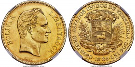 Republic gold 100 Bolivares 1886 AU55 NGC, Caracas mint, KM-Y34, Fr-2. Pleasantly toned throughout, with just a few scattered marks and light rub on t...